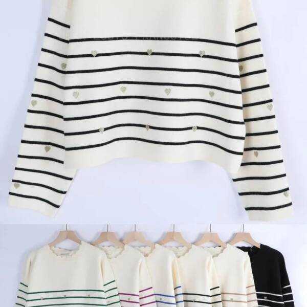 Sweter damski delikatne paski złote serca